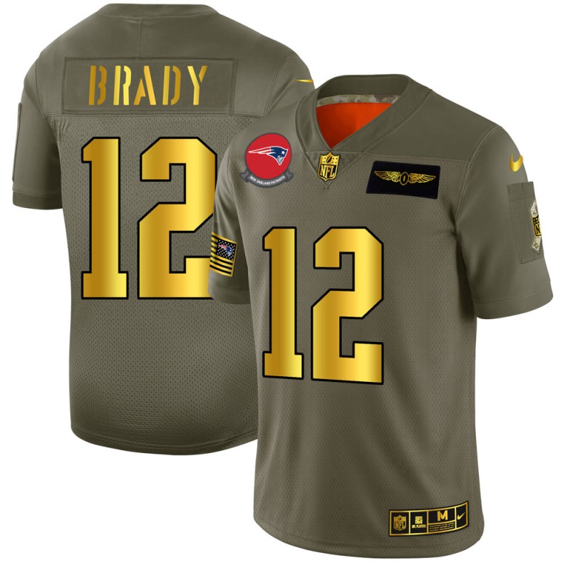 Men's New England Patriots #12 Tom Brady 2019 Olive/Gold Salute To Service Limited Stitched NFL Jersey